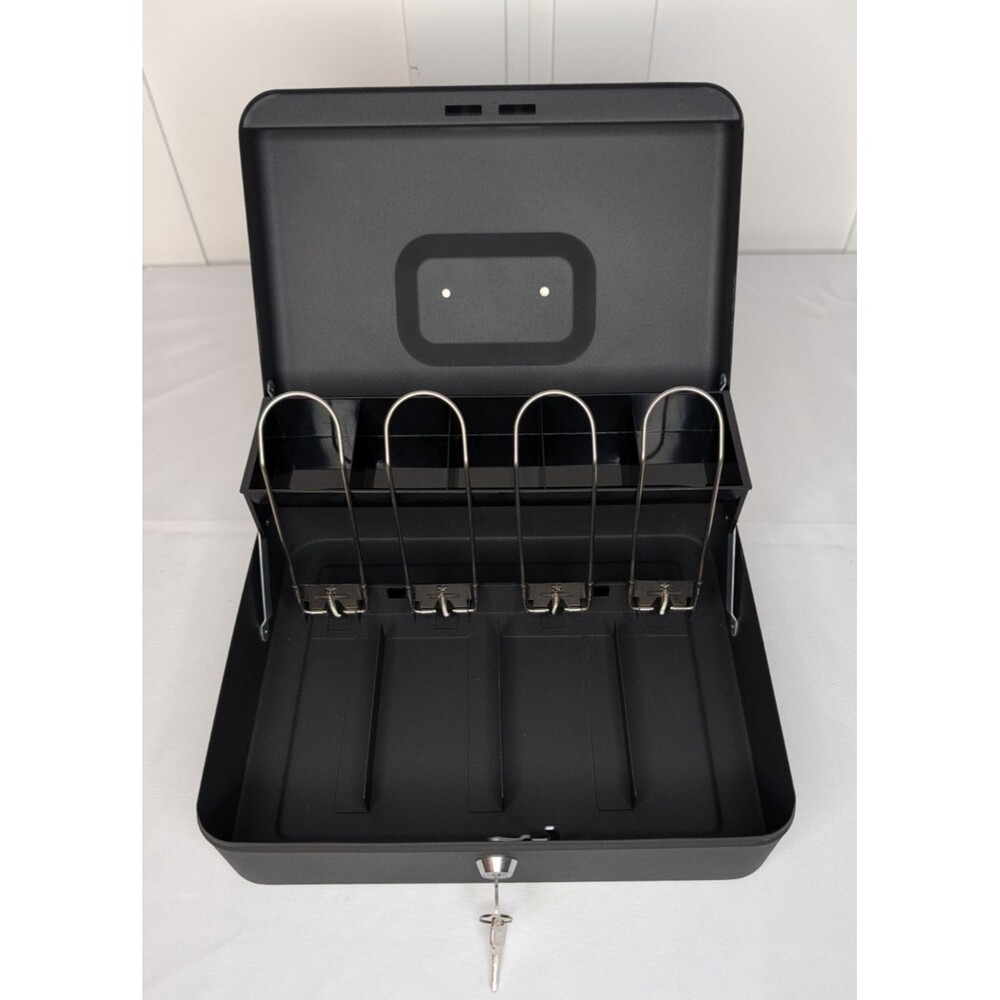 Large Lockable Cash Box with Money Tray & Key, Black, 11.8x9.45x3.54 - Picture 3 of 10